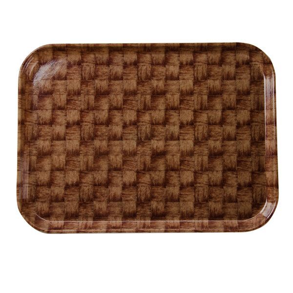 A brown rectangular Cambro tray with a woven basketweave pattern.