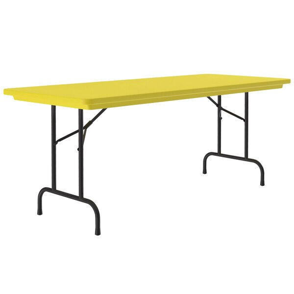 A yellow rectangular Correll folding table with black legs.