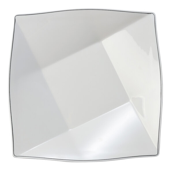 A white Elite Global Solutions square plate with black trim.