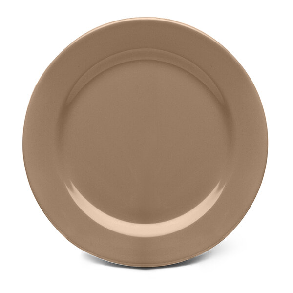 A close-up of a brown Elite Global Solutions round melamine plate with a white background.