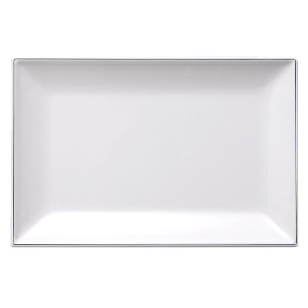 A white rectangular platter with a black border.