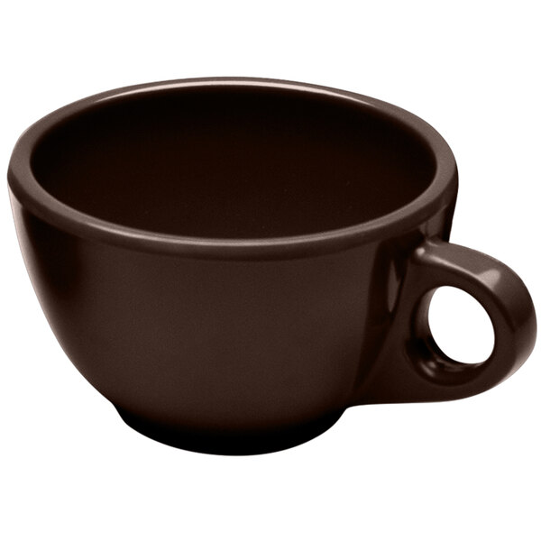 An Elite Global Solutions DMC Urban Naturals Aubergine melamine coffee cup with a brown handle.