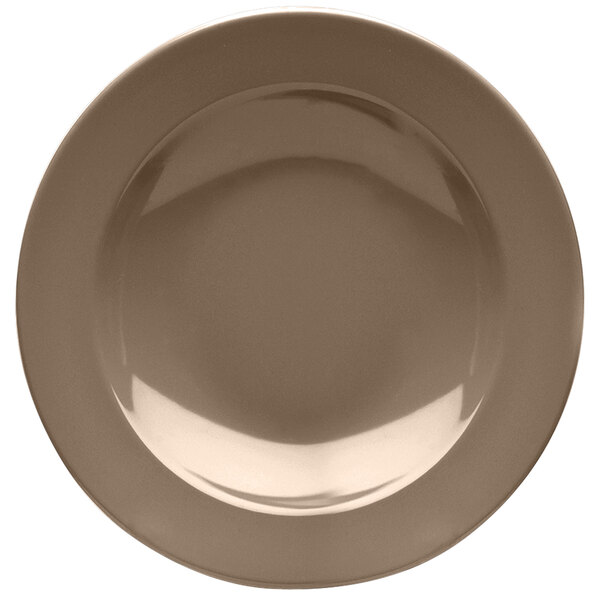 A close up of a brown Elite Global Solutions melamine pasta bowl with a white surface.