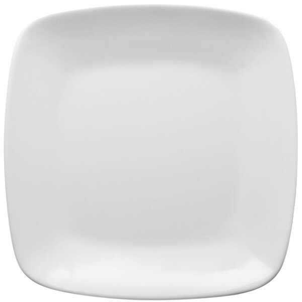 An Elite Global Solutions white square plate with rounded edges and a white rim.