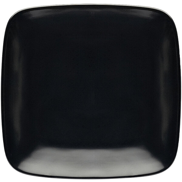 A black Elite Global Solutions square plate with rounded edges and a black rim.