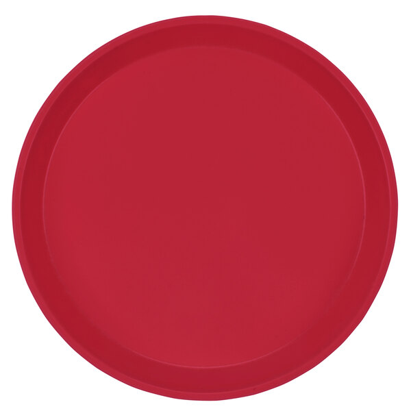 A red fiberglass Cambro tray with a white background.