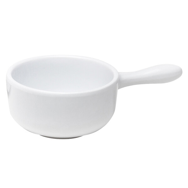A white oval bowl with a white handle.