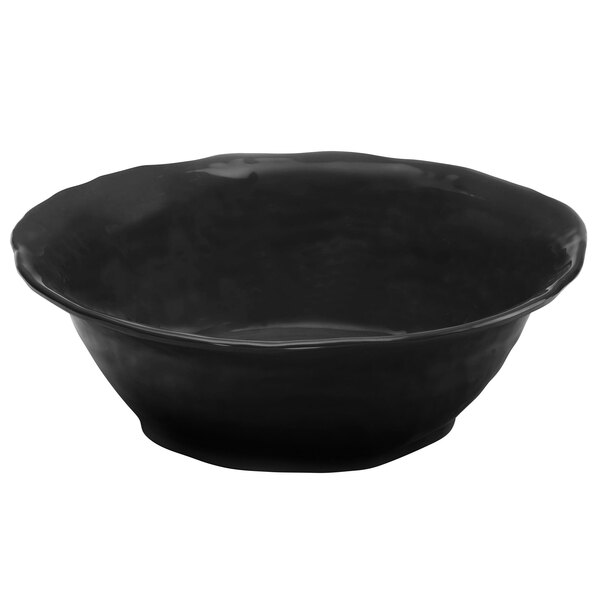 A black round melamine bowl with a handle.