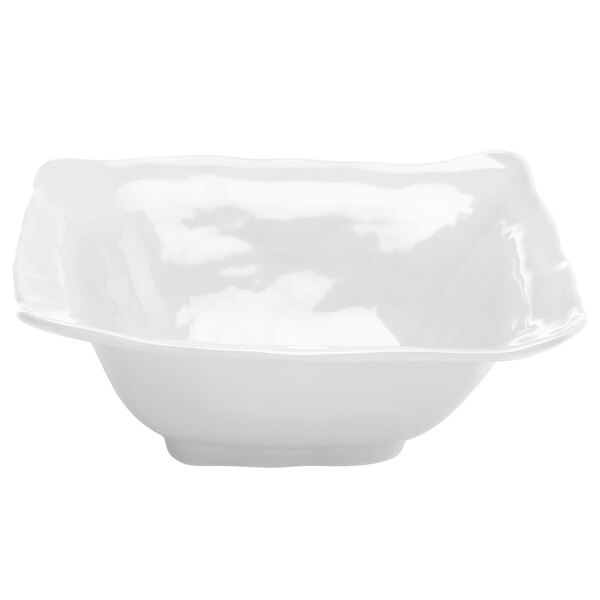 A white square melamine bowl with a curved edge.