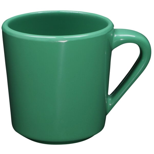 A close-up of a green Elite Global Solutions Rio Autumn Green mug with a handle.