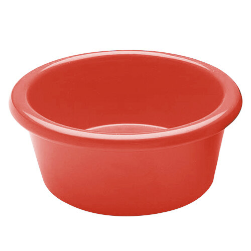 A close up of a red Elite Global Solutions melamine ramekin on a white background.