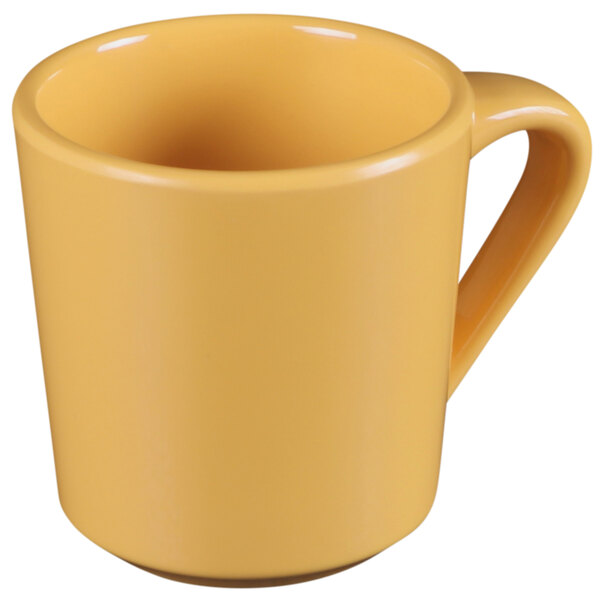A yellow coffee mug with a handle.