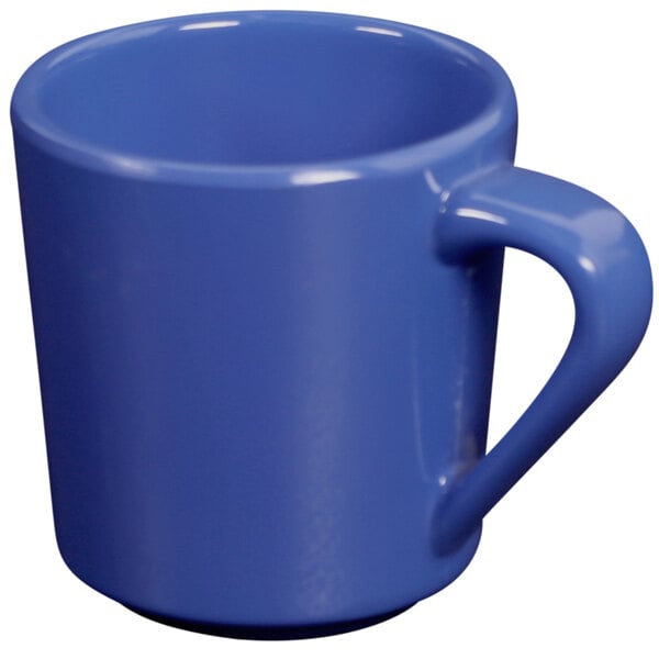 A blue Elite Global Solutions melamine mug with a handle.