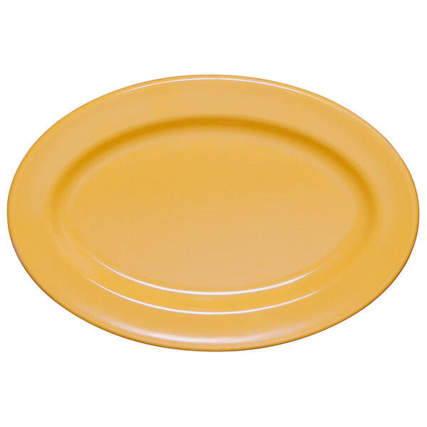 A yellow Elite Global Solutions oval melamine platter.