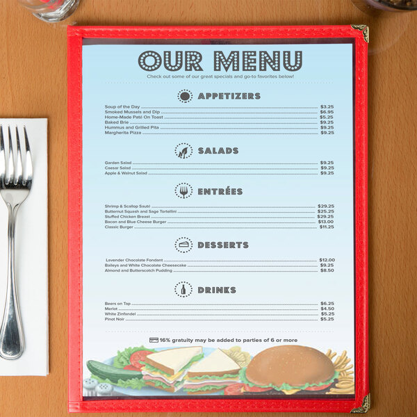 Coffee shop themed menu paper with a fork and knife on it.