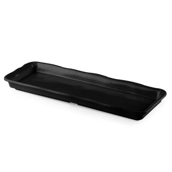 A black rectangular Elite Global Solutions melamine tray with a curved organic edge.