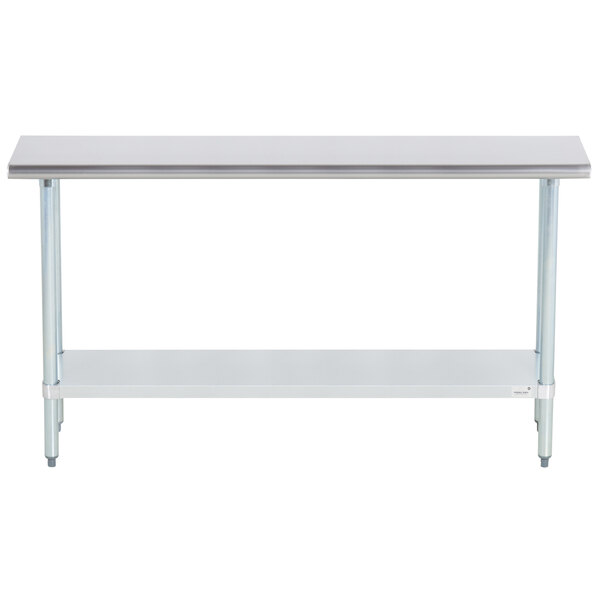 A metal Advance Tabco stainless steel work table with a galvanized undershelf.