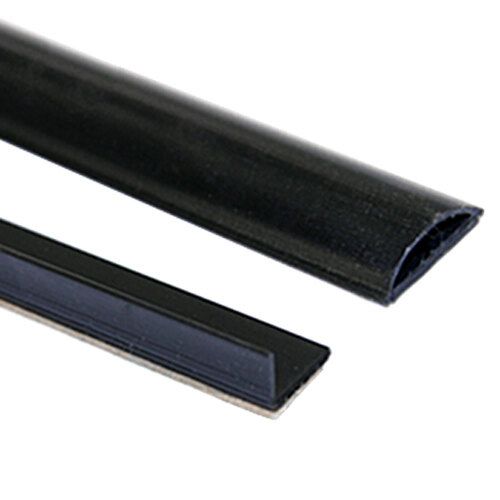 A close-up of a black metal bar with a black plastic strip on it.