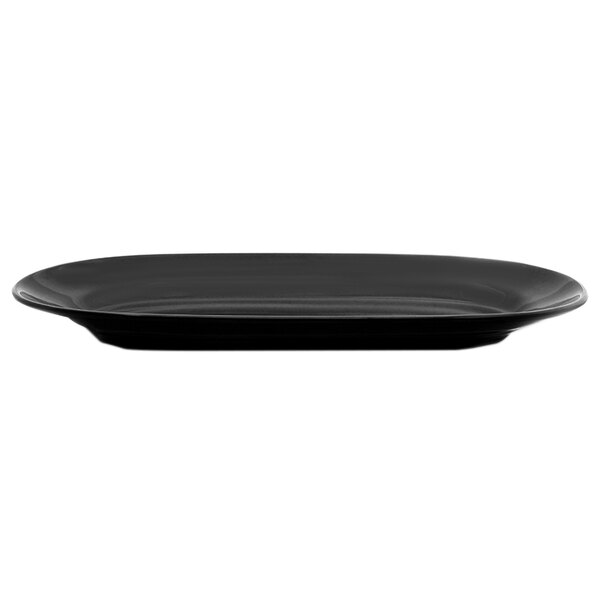 A black melamine oval platter with a black rim.