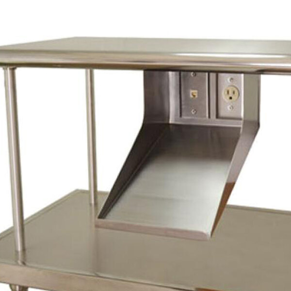 A stainless steel table with an Advance Tabco printer shelf.