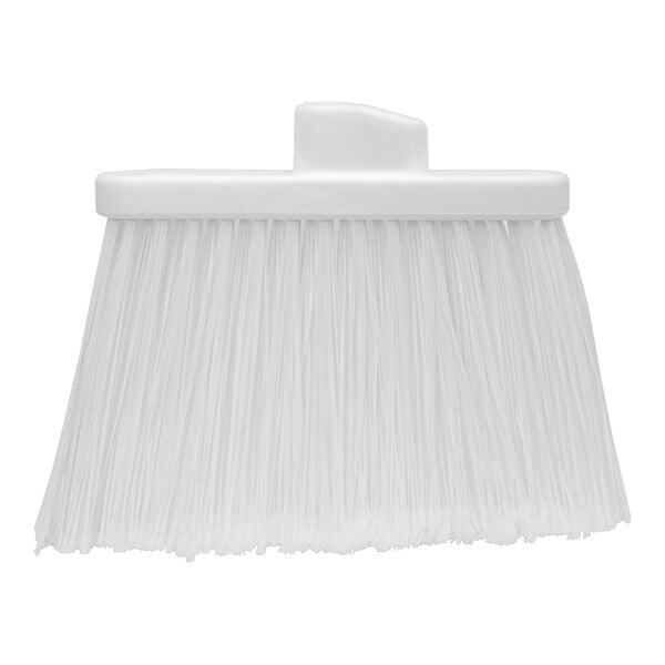 A white plastic broom head with white flagged bristles.