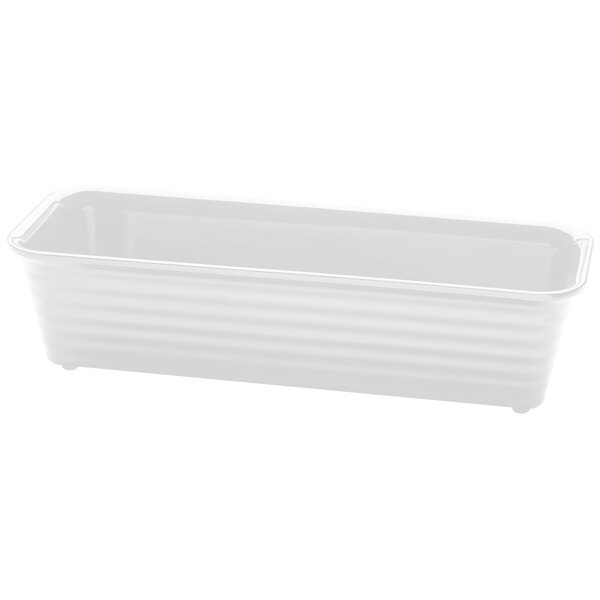A white rectangular melamine bowl with a handle.