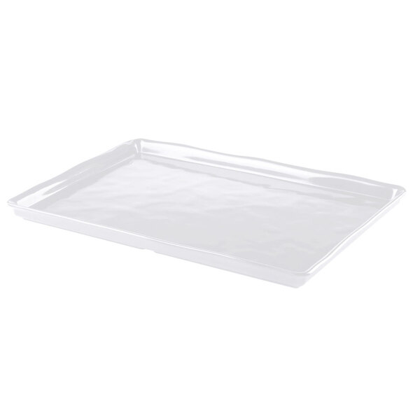 A white rectangular melamine tray with an organic edge.