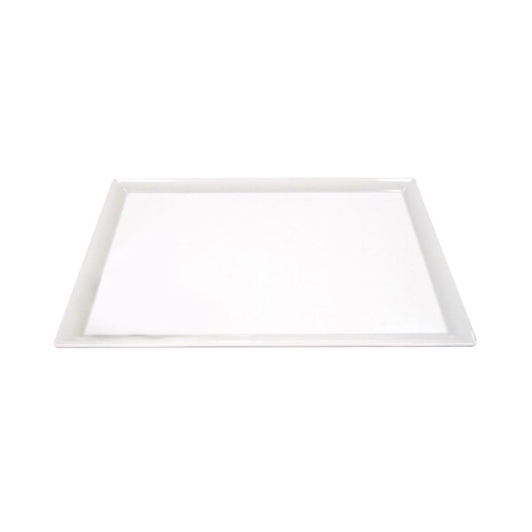 A white rectangular melamine platter with a white border.