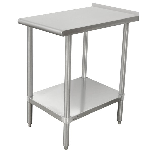 A stainless steel Advance Tabco filler table with an adjustable shelf.