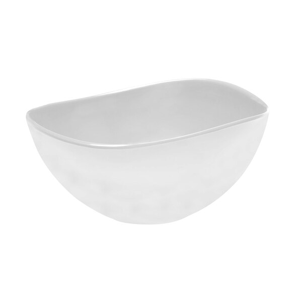 A white almost oval melamine bowl with a curved edge.