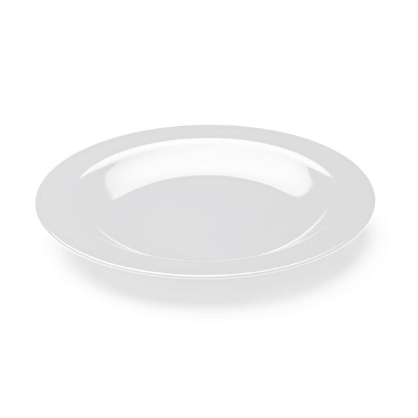An Elite Global Solutions white melamine tray with a white rim on a white surface.