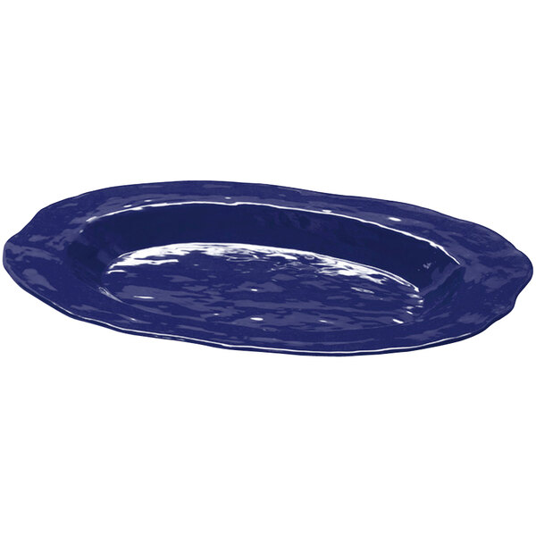 A cobalt blue oval catering platter.