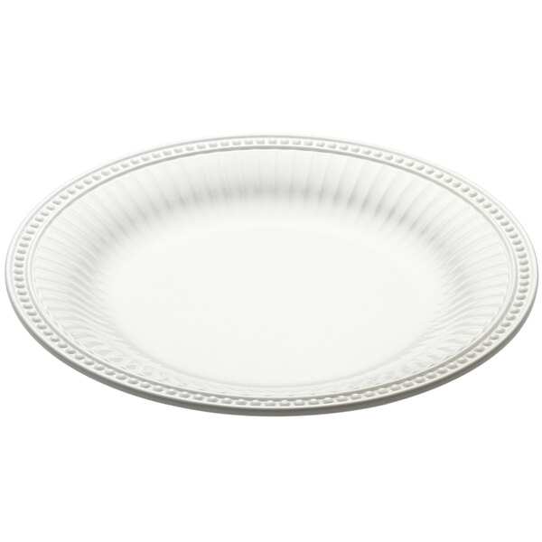 A white melamine round platter with a beaded edge design.