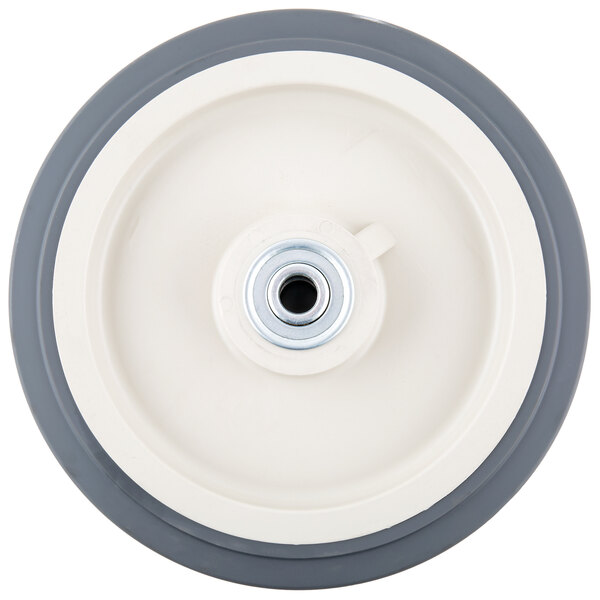 A white and grey rubber wheel with a metal hub.