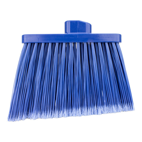 A blue broom head with white flagged bristles.