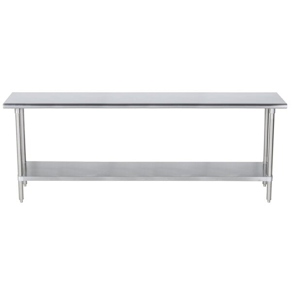 A long metal table with a stainless steel shelf.