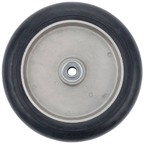 A black rubber wheel with a metal center and rim.