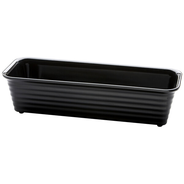 A black rectangular melamine bowl with a handle.