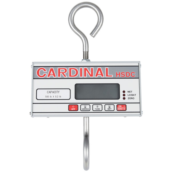 A Cardinal Detecto digital hanging scale with a rectangular digital display.