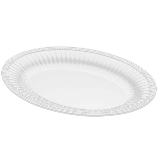 A white oval platter with a decorative edge.
