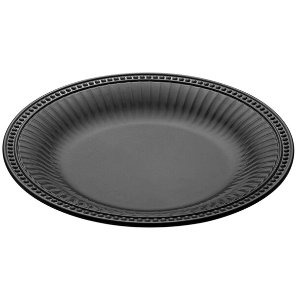 A black melamine platter with a beaded edge.