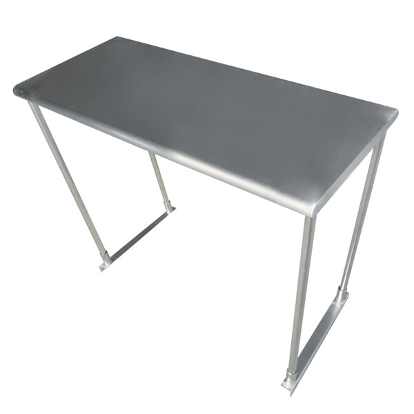 A stainless steel table mounted overshelf on a metal table.