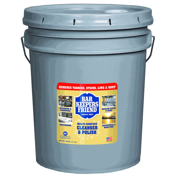 A bucket with a Bar Keepers Friend label on it containing Bar Keepers Friend All Purpose Cleaning Powder.