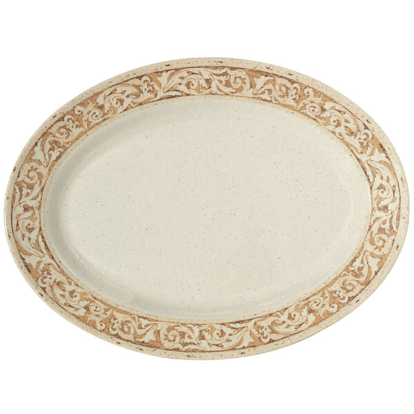 A white oval melamine platter with brown and gold accents.