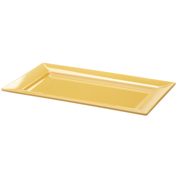 A yellow rectangular Elite Global Solutions melamine tray.