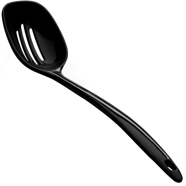 A black plastic slotted spoon with a long handle.