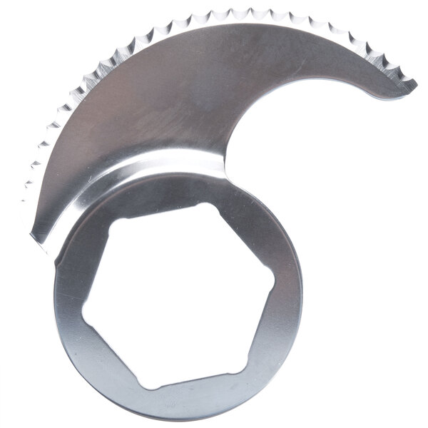 A silver Robot Coupe Coarse Serrated "S" Blade with a hexagon in the center.