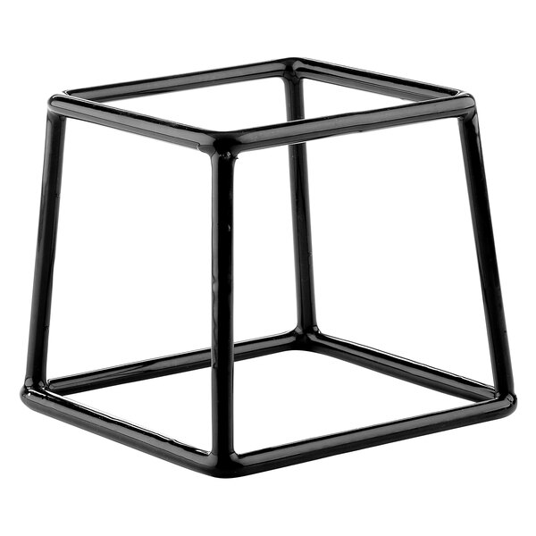 A black metal cube stand with a rubber coated top.