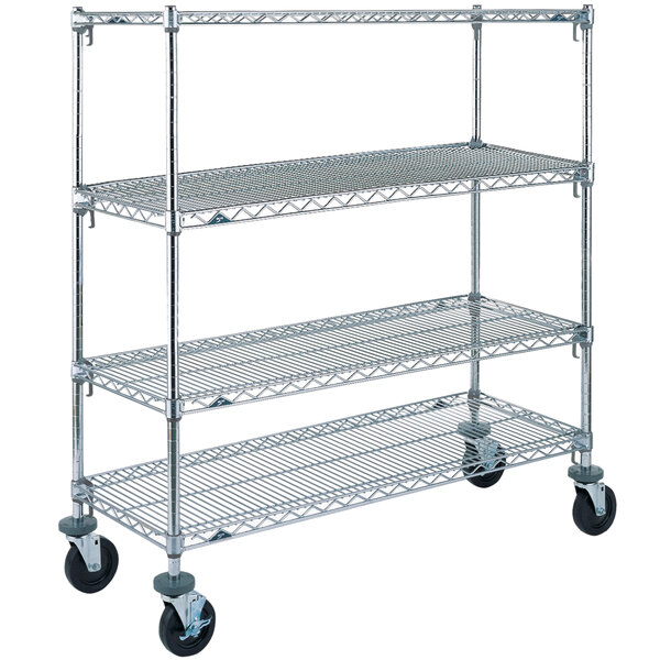 A chrome Metro wire shelving unit with rubber casters.