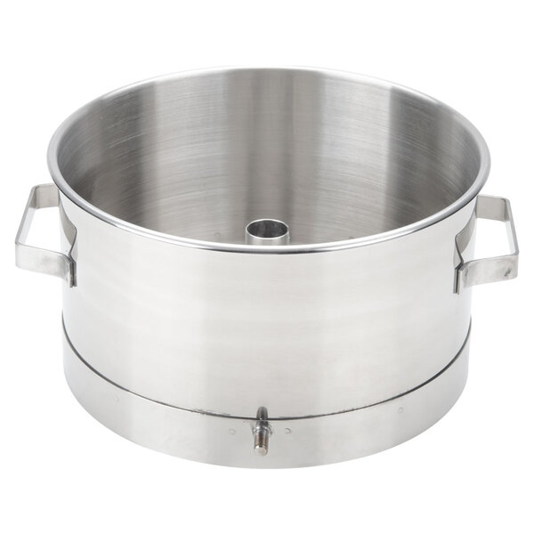 A silver stainless steel bowl with handles and a lid.